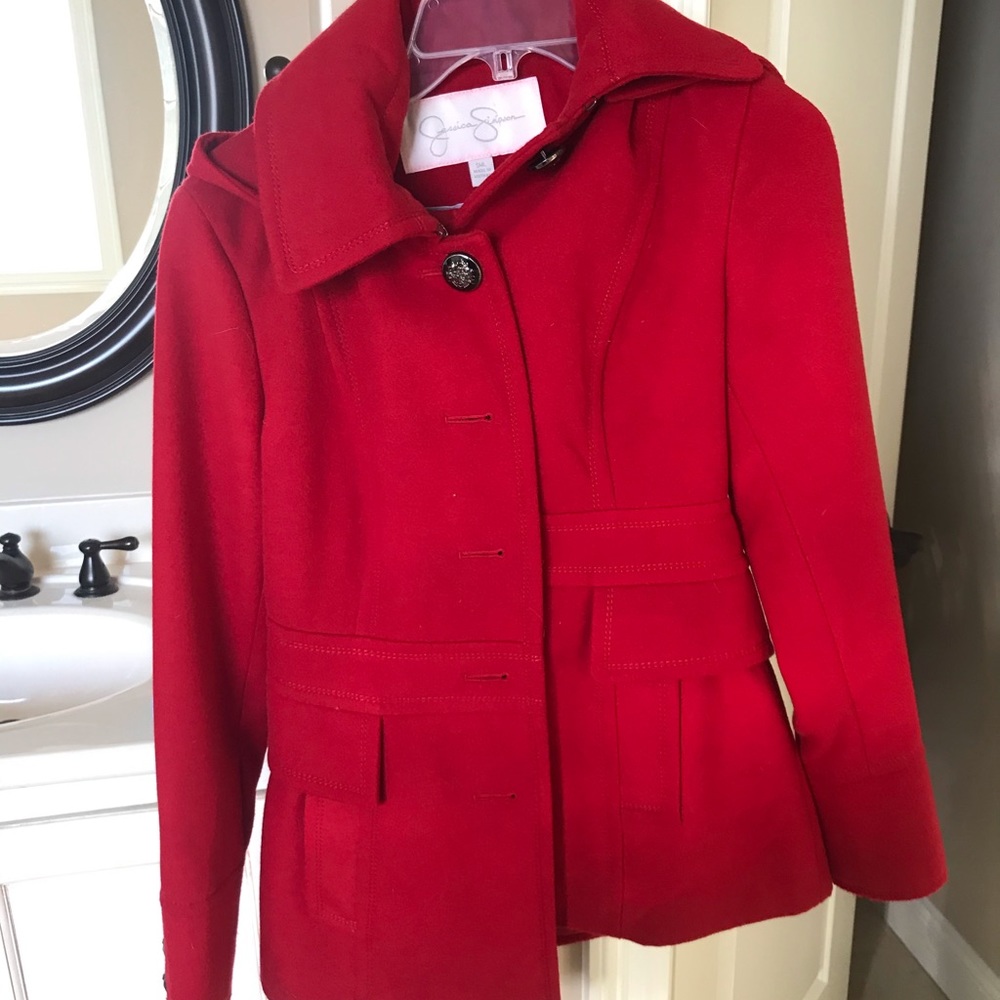 Jessica Simpson red pea coat